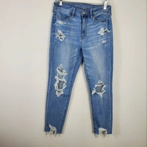 American Eagle Hi Rise Jegging Crop Womens Size 8 Short Light Wash Distressed - Picture 7 of 7